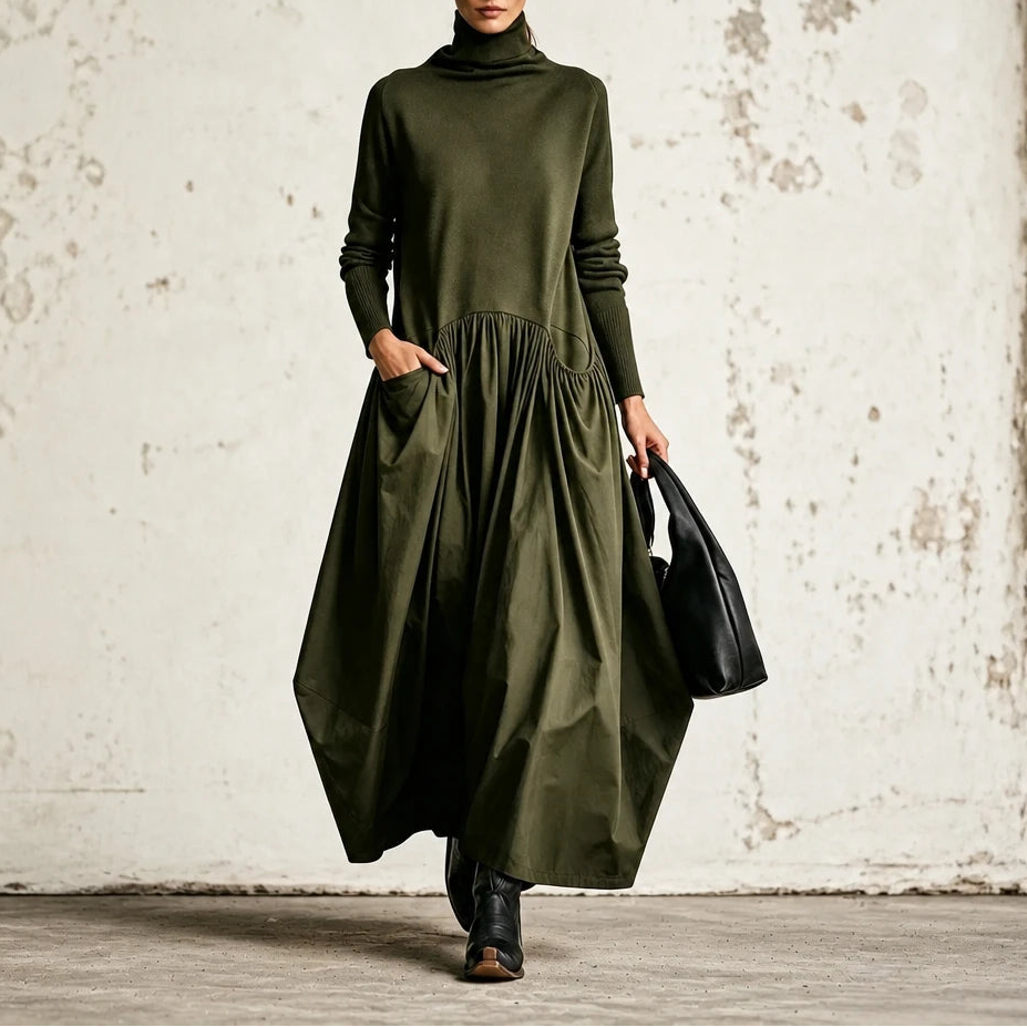 Women's High Neck Pocket Maxi Dress in green, Relaxed Fit