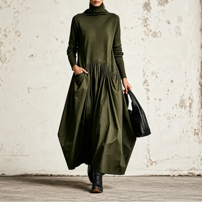 Women's High Neck Pocket Maxi Dress in green, Relaxed Fit