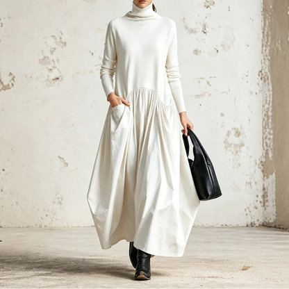 Women's High Neck Pocket Maxi Dress in white, Relaxed Fit
