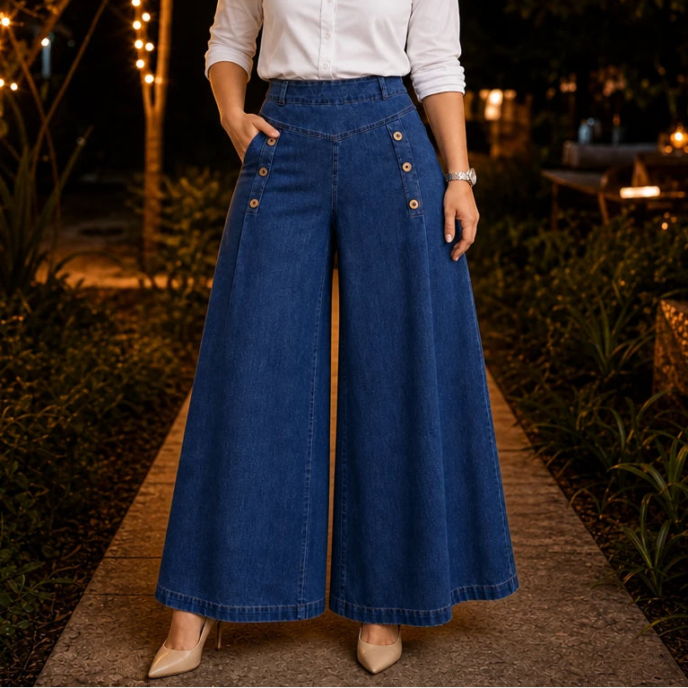 Women's High-Waisted Wide-Leg Jeans in dark blue, Straight Fit