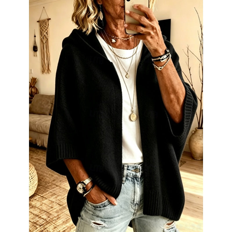 Women's Hooded Open-Front Cardigan in black, Relaxed Fit