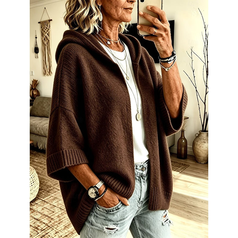 Women's Hooded Open-Front Cardigan in coffee, Relaxed Fit
