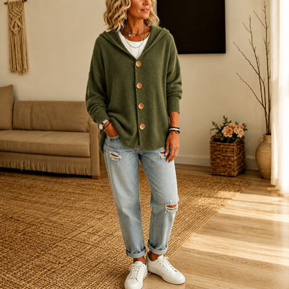 Women's Hooded Waffle-Knit Button-Front Cardigan - Army Green