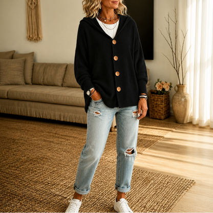 Women's Hooded Waffle-Knit Button-Front Cardigan - Black