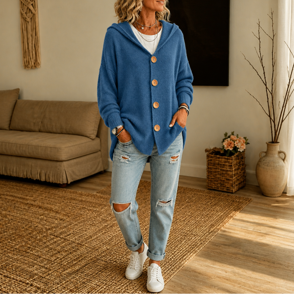 Women's Hooded Waffle-Knit Button-Front Cardigan - Blue