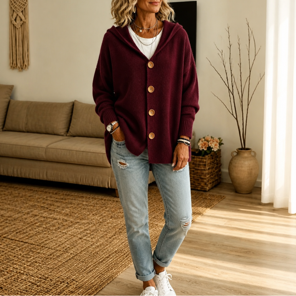 Women's Hooded Waffle-Knit Button-Front Cardigan - Burgundy