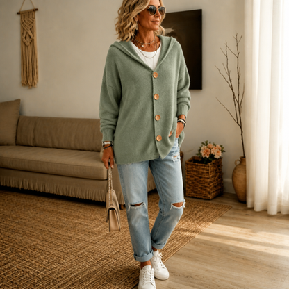Women's Hooded Waffle-Knit Button-Front Cardigan - Green