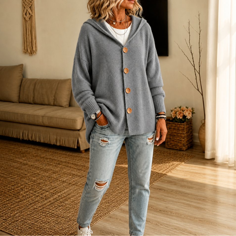 Women's Hooded Waffle-Knit Button-Front Cardigan - Grey