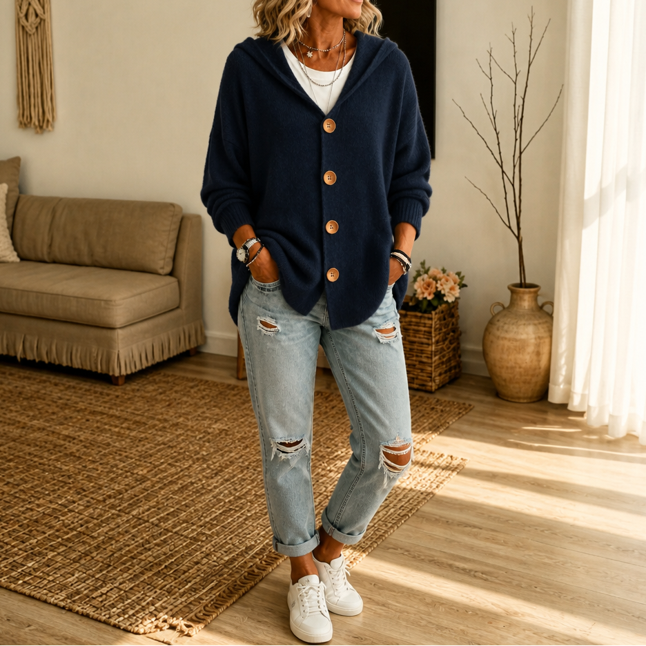 Women's Hooded Waffle-Knit Button-Front Cardigan - Navy