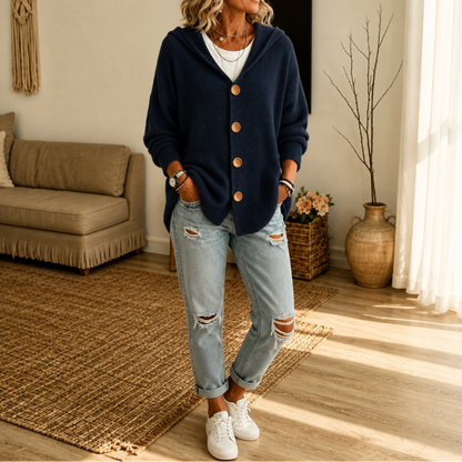 Women's Hooded Waffle-Knit Button-Front Cardigan - Navy
