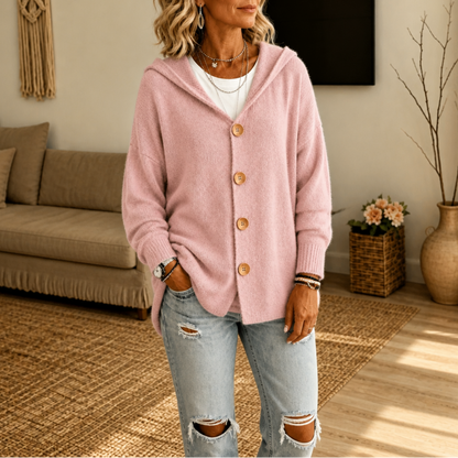 Women's Hooded Waffle-Knit Button-Front Cardigan - Pink