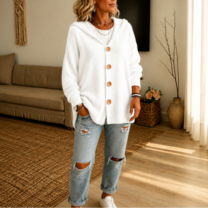 Women's Hooded Waffle-Knit Button-Front Cardigan - White