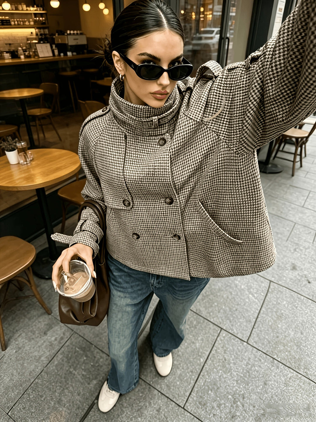 Women's Houndstooth Stand-Collar Jacket - Cropped Khaki