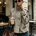 Women's Houndstooth Stand-Collar Jacket - Cropped Khaki