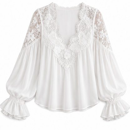 Women's Lace Patchwork Ruffle Cuff Blouse - Hip Length