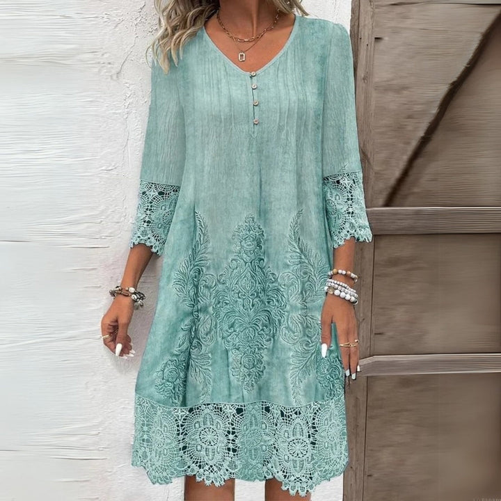 Women's Lace-Trim Midi Dress in green, Elegant V-Neck
