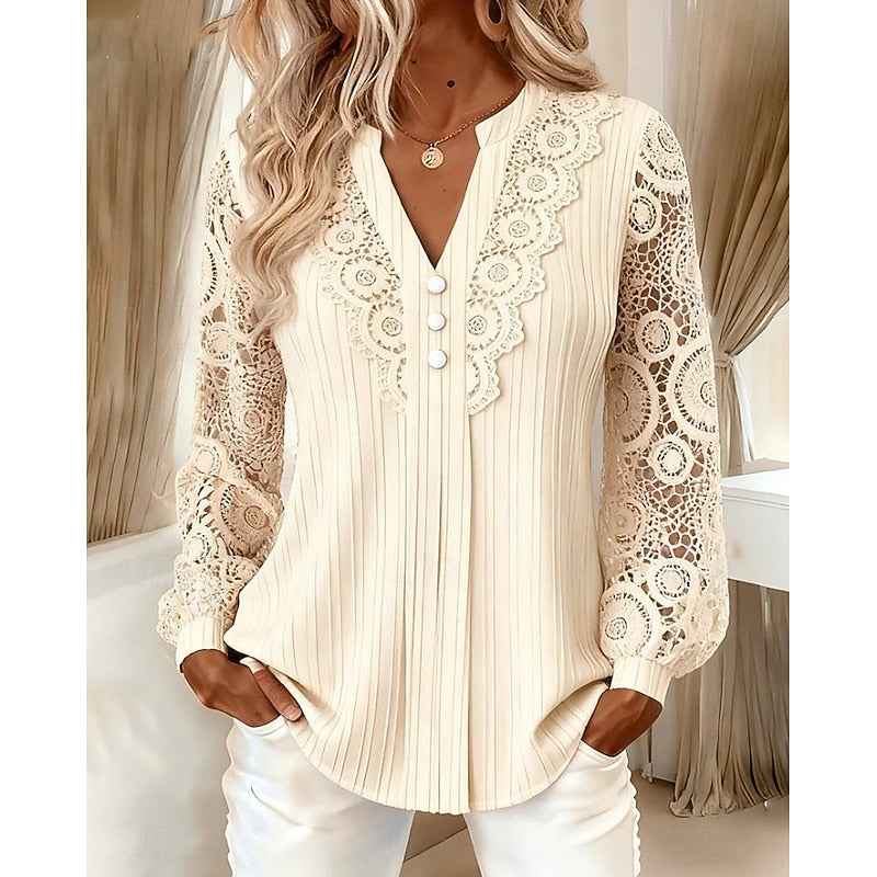 Women's Lace-Trimmed Long Sleeve Blouse in beige, V-Neck