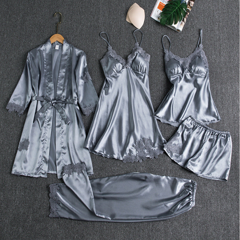 Women's Lace-Trimmed Pajama Set in light blue, Four-Piece Loungewear