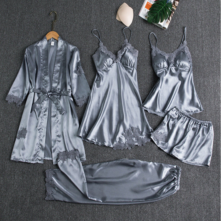 Women's Lace-Trimmed Pajama Set in light blue, Four-Piece Loungewear