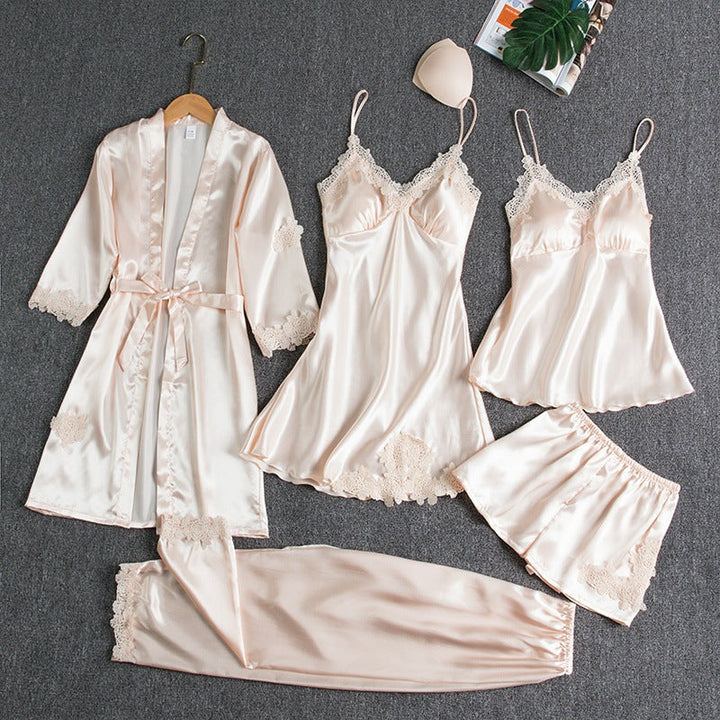 Women's Lace-Trimmed Pajama Set in white gold, Four-Piece Loungewear