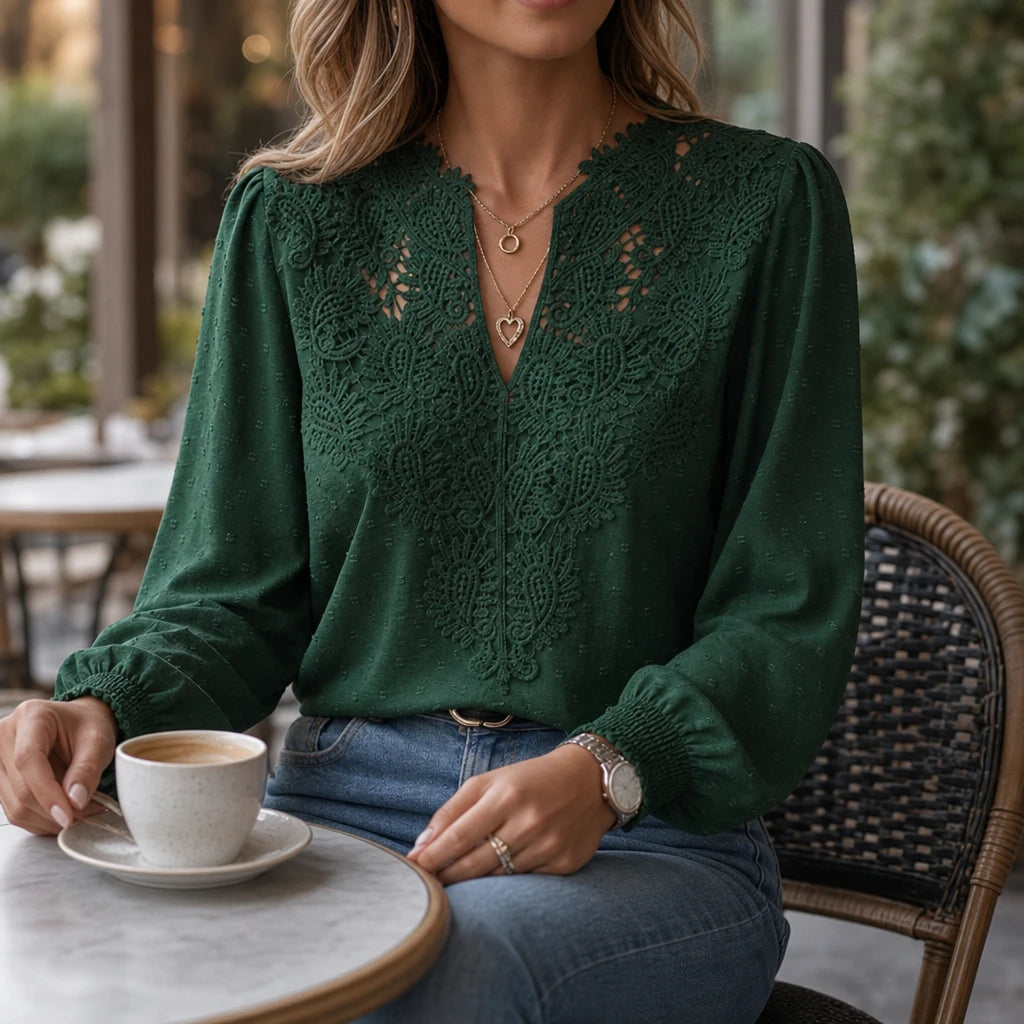 Women's Lace V-Neck Long-Sleeve Blouse - Soft & Elegant
