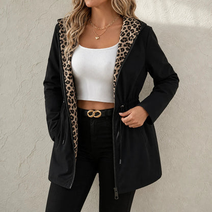 Women's Leopard Print Reversible Hooded Jacket - Two-Sided Style