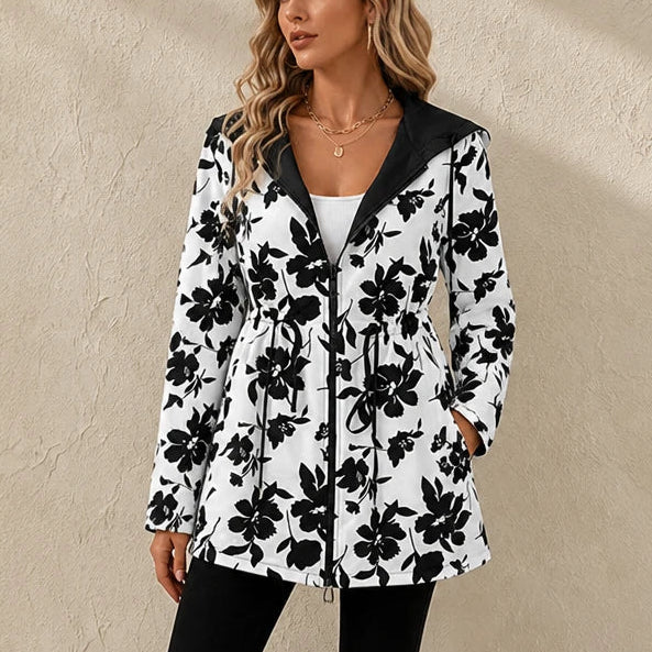 Women's Leopard Print Reversible Hooded Jacket in floral print, Two-Sided Style