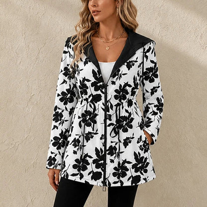 Women's Leopard Print Reversible Hooded Jacket in floral print, Two-Sided Style