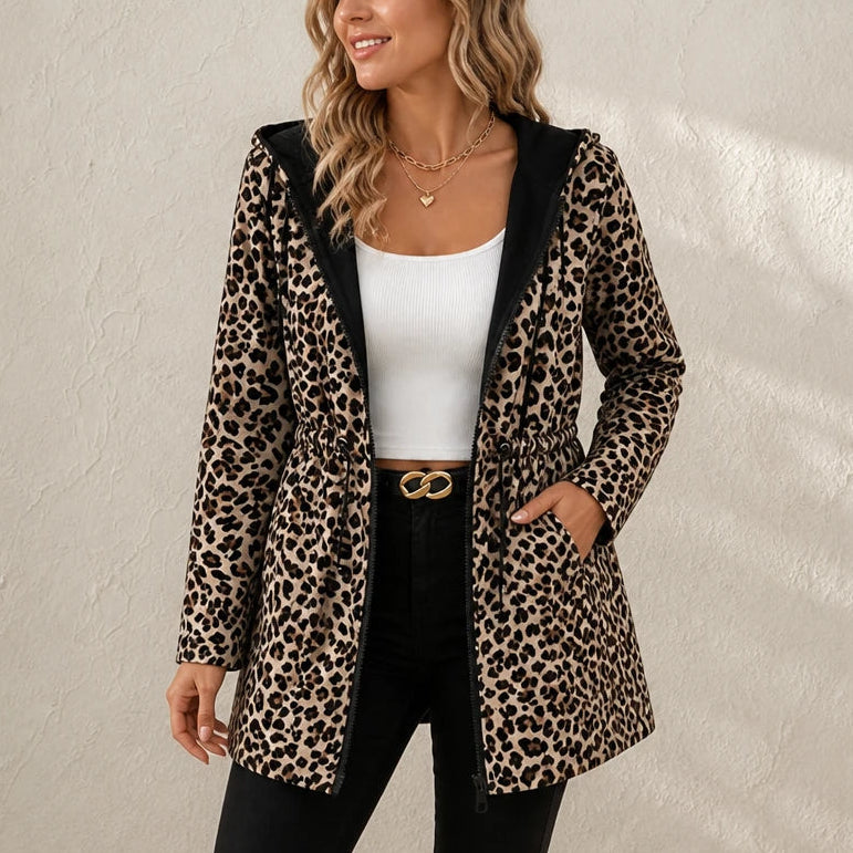 Women's Leopard Print Reversible Hooded Jacket in leopard print, Two-Sided Style