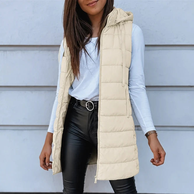 Women's Long Hooded Puffer Vest in beige, Longline Casual