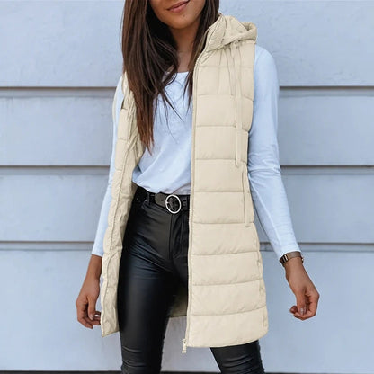 Women's Long Hooded Puffer Vest in beige, Longline Casual