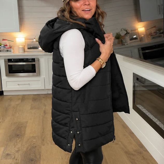 Women's Long Hooded Puffer Vest in black, Longline Casual