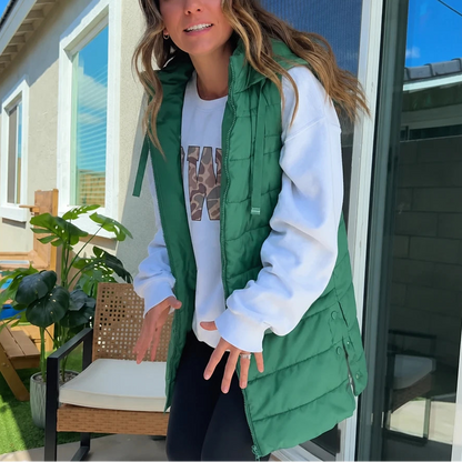 Women's Long Hooded Puffer Vest in green, Longline Casual