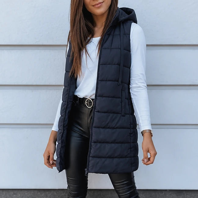 Women's Long Hooded Puffer Vest in navy, Longline Casual