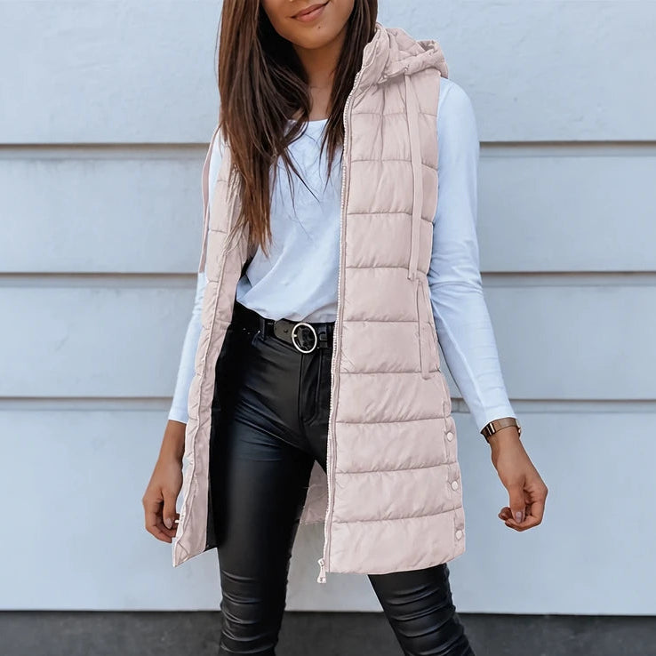 Women's Long Hooded Puffer Vest in pink, Longline Casual