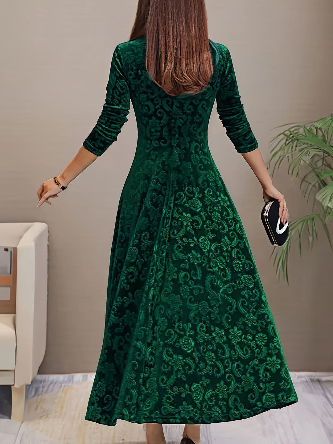 Women's Long-Sleeve Midi Dress in dark green, Elegant V-Neck