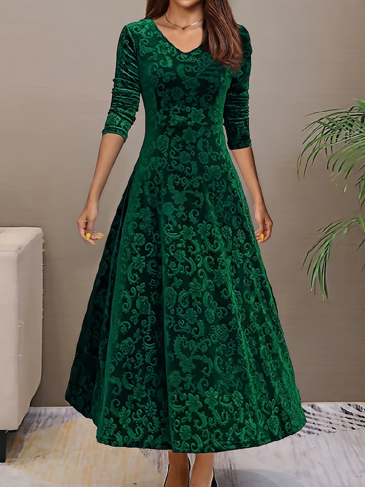 Women's Long-Sleeve Midi Dress - Elegant V-Neck