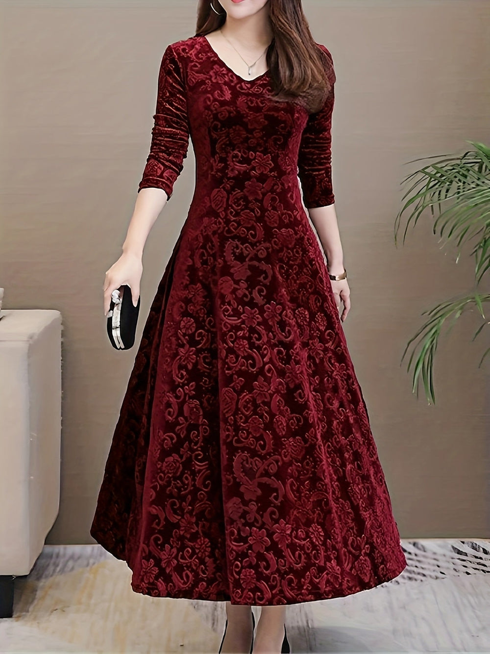 Women's Long-Sleeve Midi Dress - Elegant V-Neck