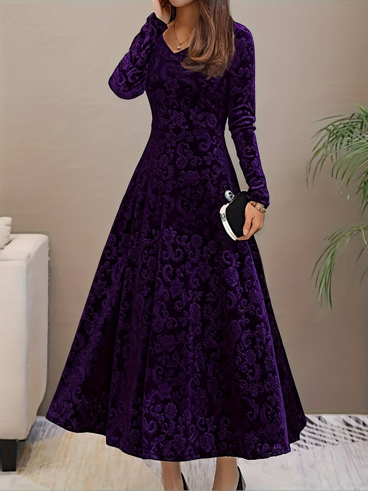Women's Long-Sleeve Midi Dress - Elegant V-Neck