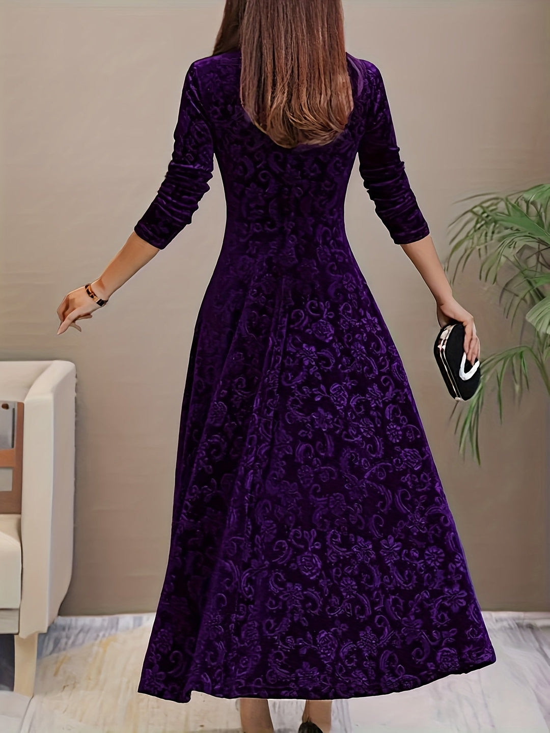 Women's Long-Sleeve Midi Dress in purple, Elegant V-Neck