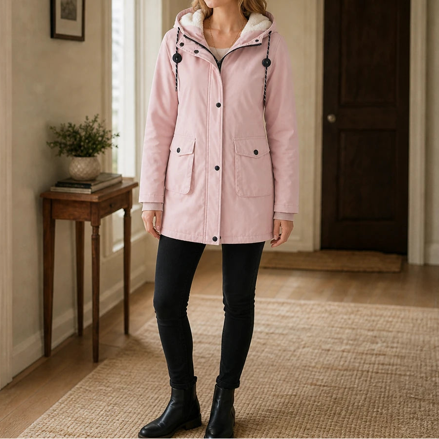 Women's Longline Hooded Parka in pink, Slim Fit Winter Coat