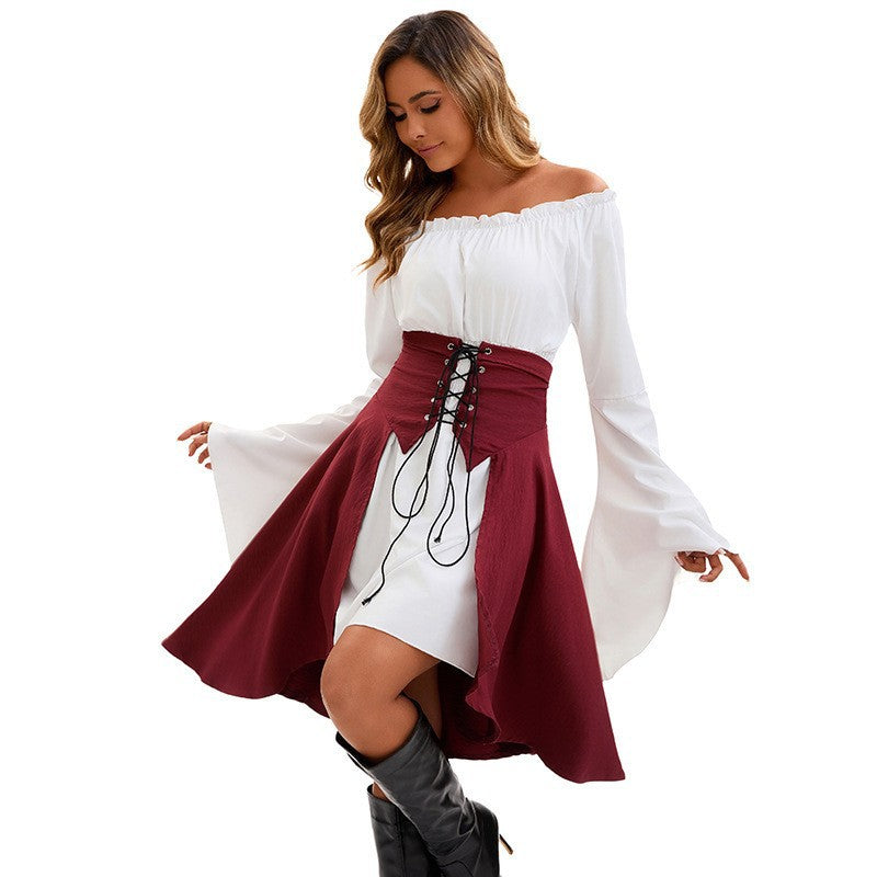 Women's Medieval Renaissance Halloween Costume – Bell Sleeve Lace-Up D