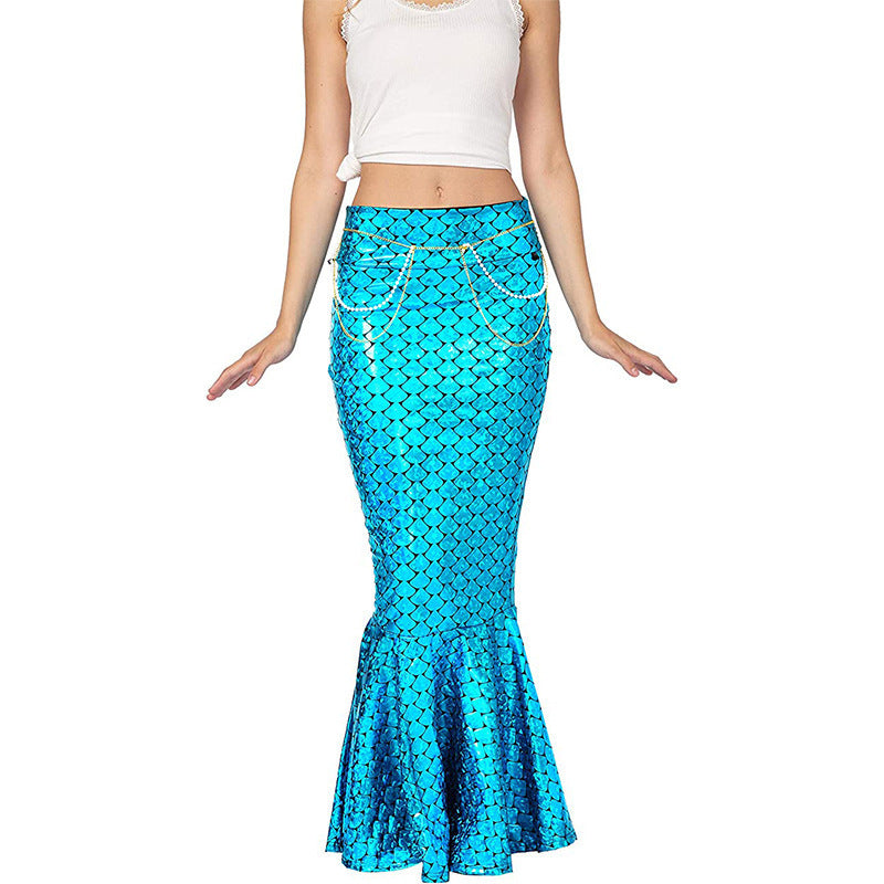 Women's Mermaid Fish Scale Maxi Skirt Halloween Costume – Flared Hem - Blue