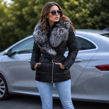 Women's Metallic Faux-Fur Collar Belted Puffer Jacket in black, Hip-Length