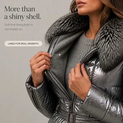 Women's Metallic Faux-Fur Collar Belted Puffer Jacket - Hip-Length