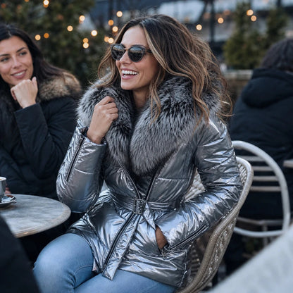 Women's Metallic Faux-Fur Collar Belted Puffer Jacket - Hip-Length