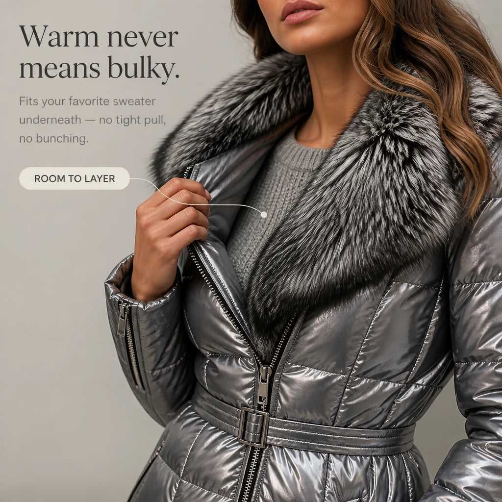 Women's Metallic Faux-Fur Collar Belted Puffer Jacket - Hip-Length