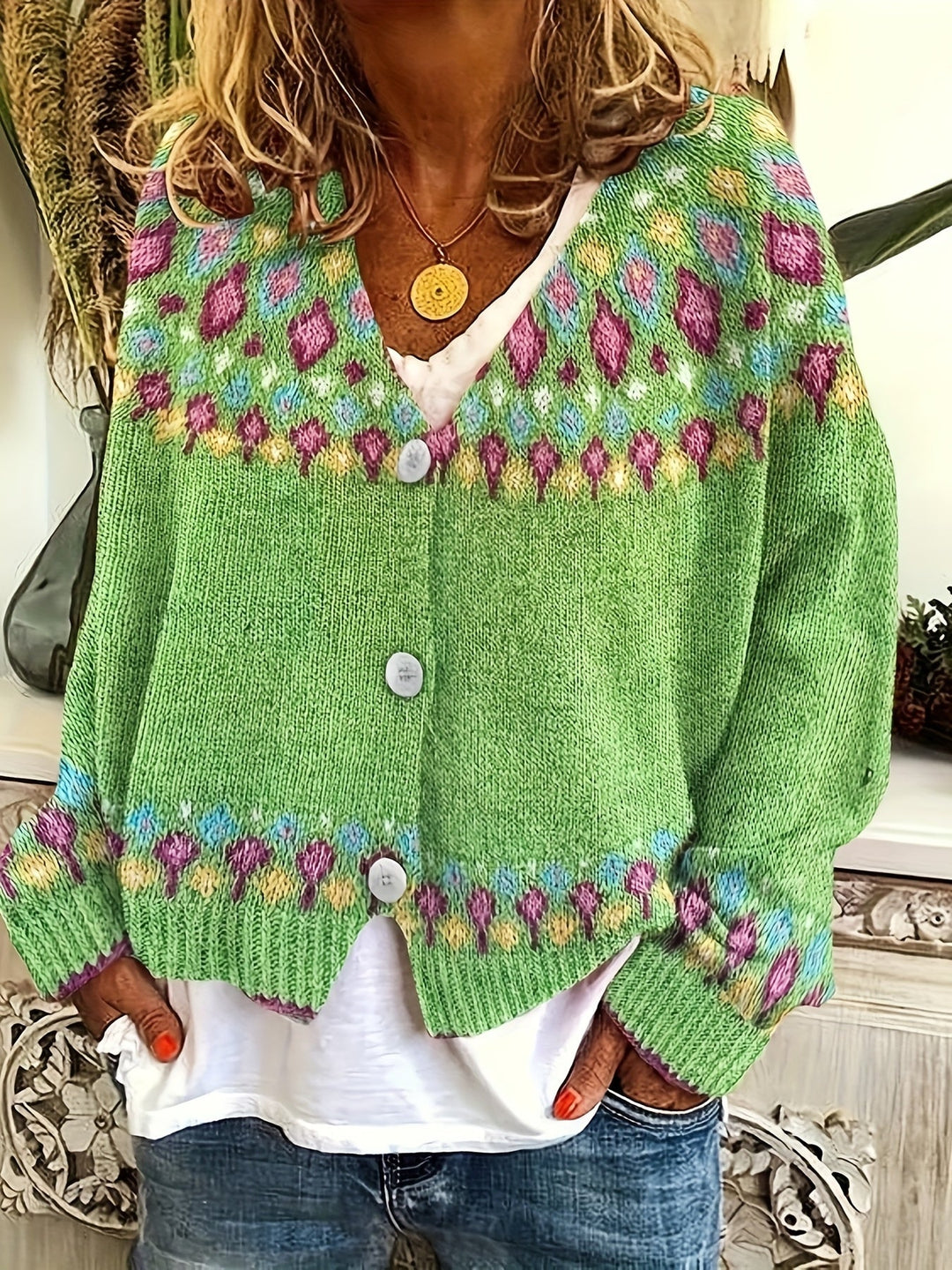 Women's Nordic Patterned Cardigan - Relaxed Button-Front Layer