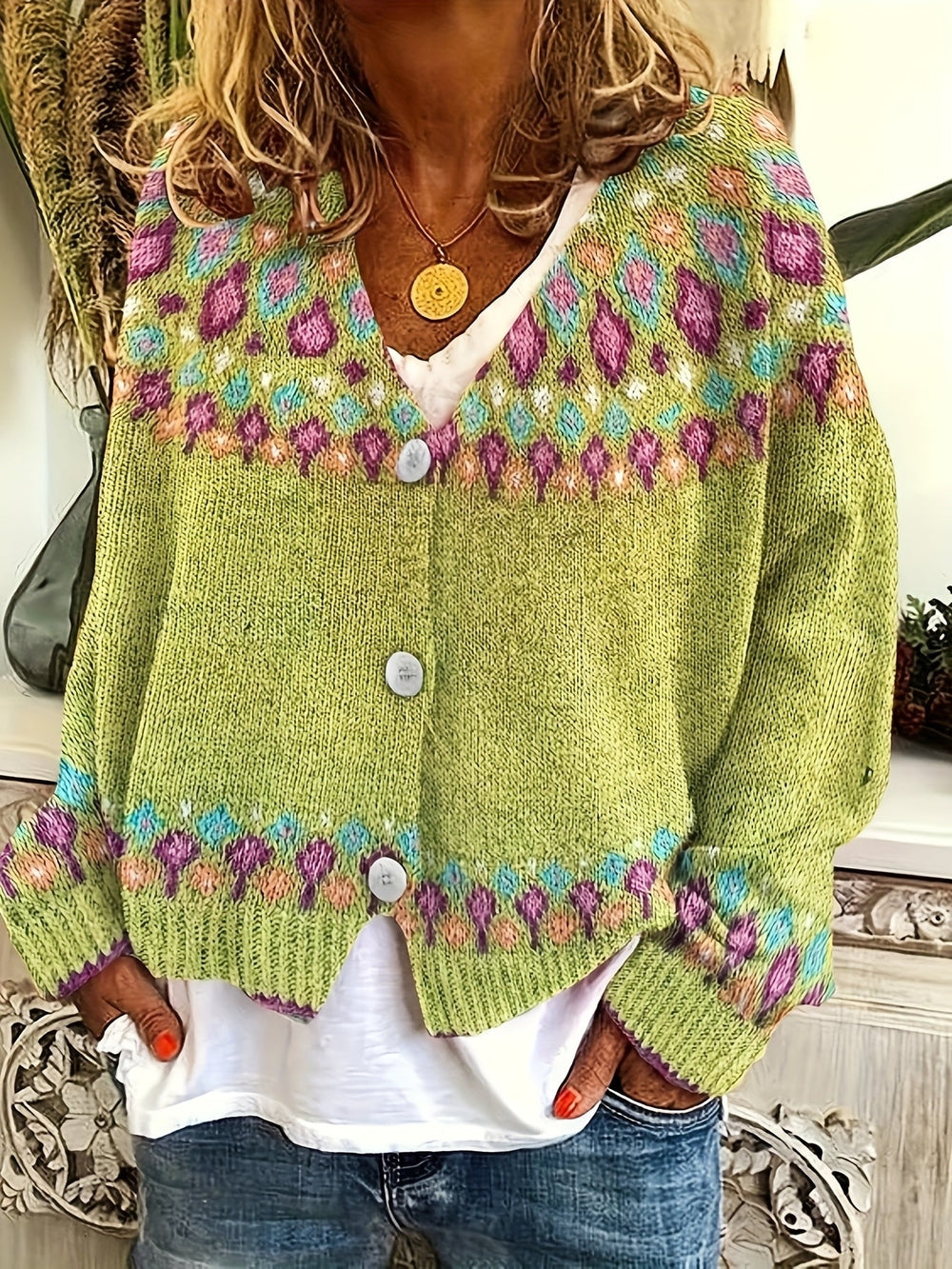 Women's Nordic Patterned Cardigan - Relaxed Button-Front Layer