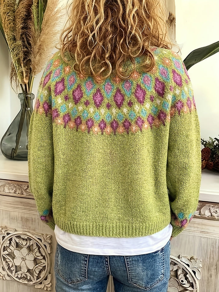 Women's Nordic Patterned Cardigan - Relaxed Button-Front Layer